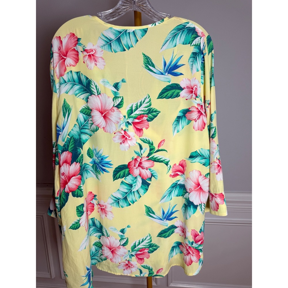 Tommy Bahama Blouse Womens Large Yellow Viscose Tropical Hibiscus Floral V-Neck - Picture 2 of 7